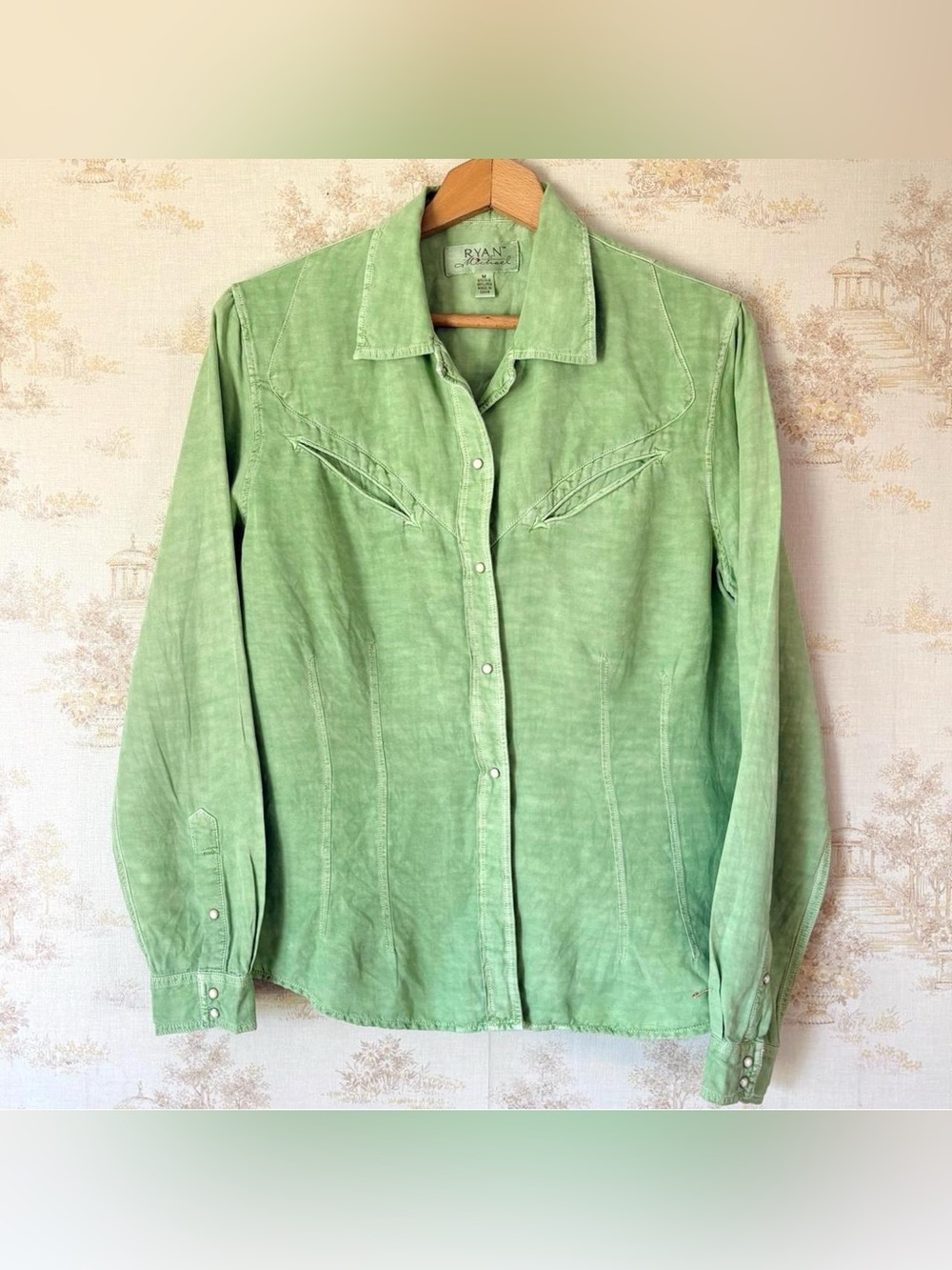 Ryan Michael Lime Green Silk and Linen Western Pearl Snap Shirt